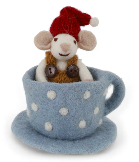 Én Gry & Sif joulukoriste -  Valkoinen hiiri sinisessä kahvikupissa